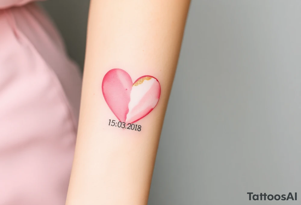 A soft watercolor heart in pastel pink and ivory, with golden dust accents, with wedding date 15.03.2018 tattoo idea