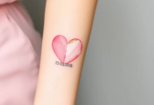 A soft watercolor heart in pastel pink and ivory, with golden dust accents, with wedding date 15.03.2018 tattoo idea