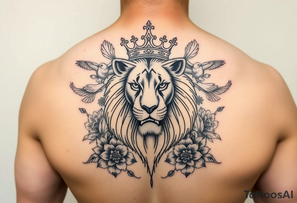 powerful majestic lion with a crown, surrounded by floral ornaments and birds tattoo idea