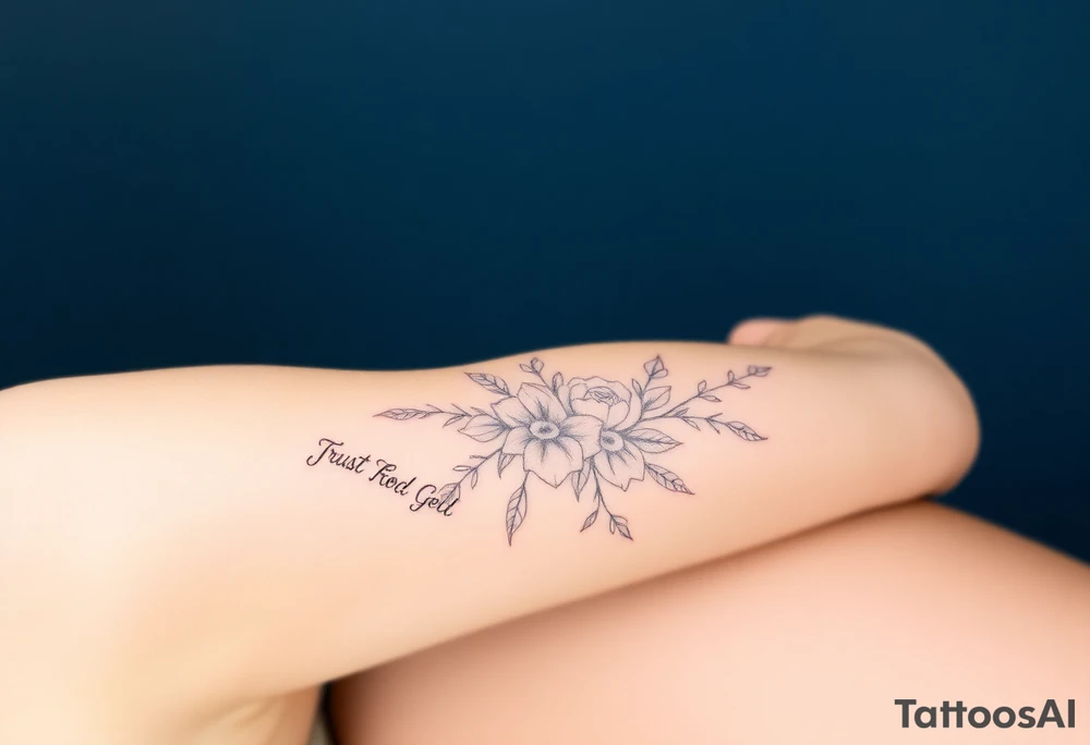 🌿 Right Arm Sleeve
	•	Top shoulder: “Soft but strong, kind but powerful.”
→ Wrapped with light olive vines
	•	Mid-arm: Peonies, lilies, tulips (your favorites)
→ Optional red ink in petal accents
	•	Lower arm/wrist: Vine wrap
→ Script: “Trust God”
	•	Style: Light, flowing, fine-line — NOT bold or filled-in

⸻

🌸 Spine Tattoo & Flow
	•	Already present floral spine tattoo
	•	New elements will connect from your sleeve, flow down from the right shoulder, lightly wrapping into your back
	•	Inspired by the reference with floral script diagonally across the spine
	•	Optional soft red ink details to enhance movement

⸻

🍑 Left Thigh + Butt
	•	Quote: “A garden of her own”
→ Placed on side of butt, flowing from lower back
	•	Floral extension down the thigh — tulips/peonies
	•	Minimal, romantic, fine-line tattoo idea