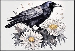 raven with a white chrysanthemum on her chest tattoo idea
