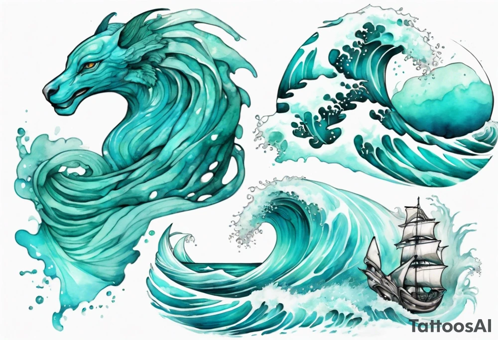 a beautiful turquoise sphinx emerging from an ocean wave, crashing onto the shore tattoo idea