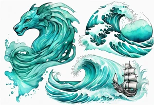 a beautiful turquoise sphinx emerging from an ocean wave, crashing onto the shore tattoo idea