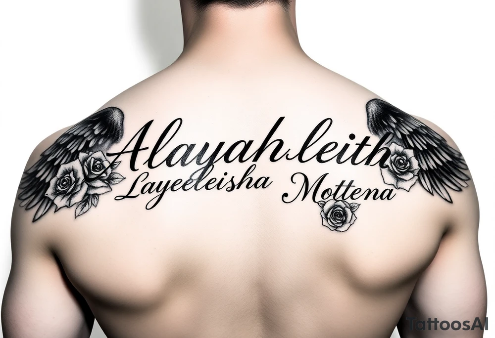 Create a bold and seductive upper back tattoo design featuring the name “Aalayahleigh Marita Layeleisha Rowena Motlap” in elegant cursive script. The lettering should flow smoothly across the upper back with a luxurious and masculine aesthetic. Add fine-line roses, dark angel wings fading behind the text, subtle smoke shading, and glossy chrome-style highlights to make the tattoo look hot, powerful, and romantic. Include intricate shadow work and detailed calligraphy with a black-and-grey realistic style. The design should feel sexy, premium, and eye-catching, with a balance of softness and dominance. Make the name the centerpiece with dramatic curves and artistic flourishes extending naturally across the shoulders. tattoo idea