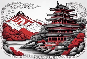 red mountains which there are two fantasies castles. tattoo idea