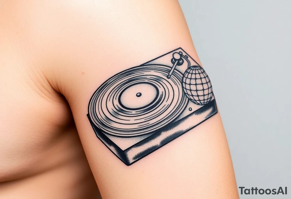 vinyl record player with a smaller disco ball to the side of it tattoo idea