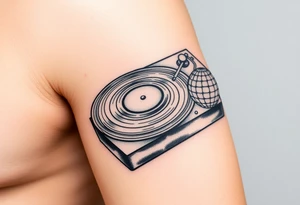 vinyl record player with a smaller disco ball to the side of it tattoo idea