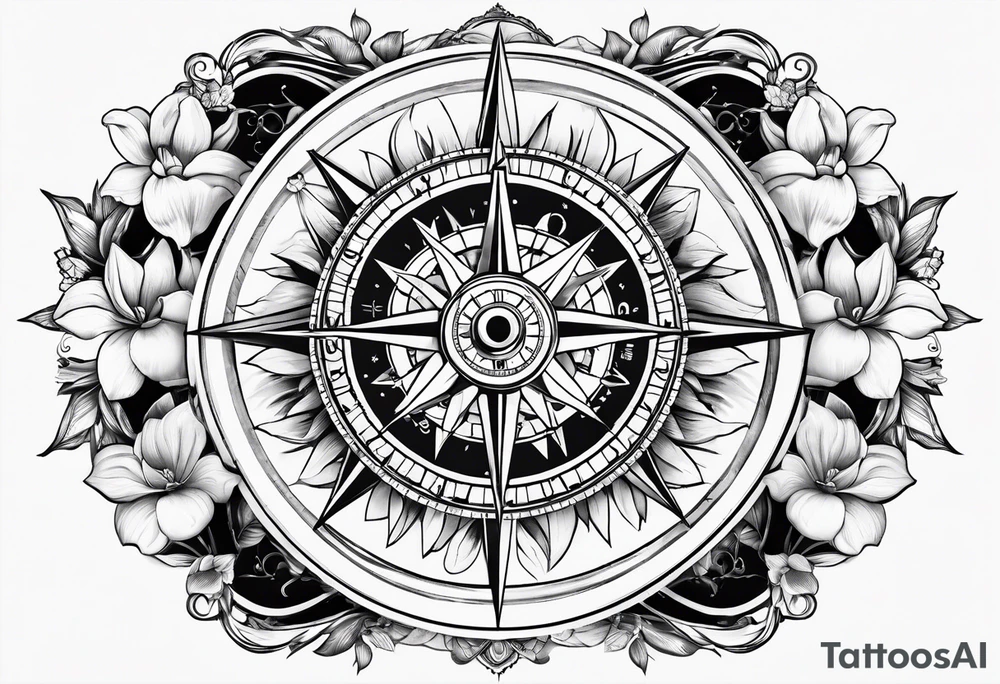nautical compass with magnolia flowers tattoo idea