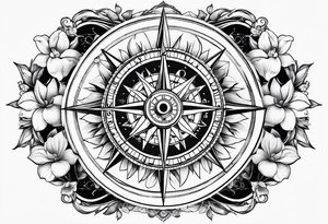 nautical compass with magnolia flowers tattoo idea