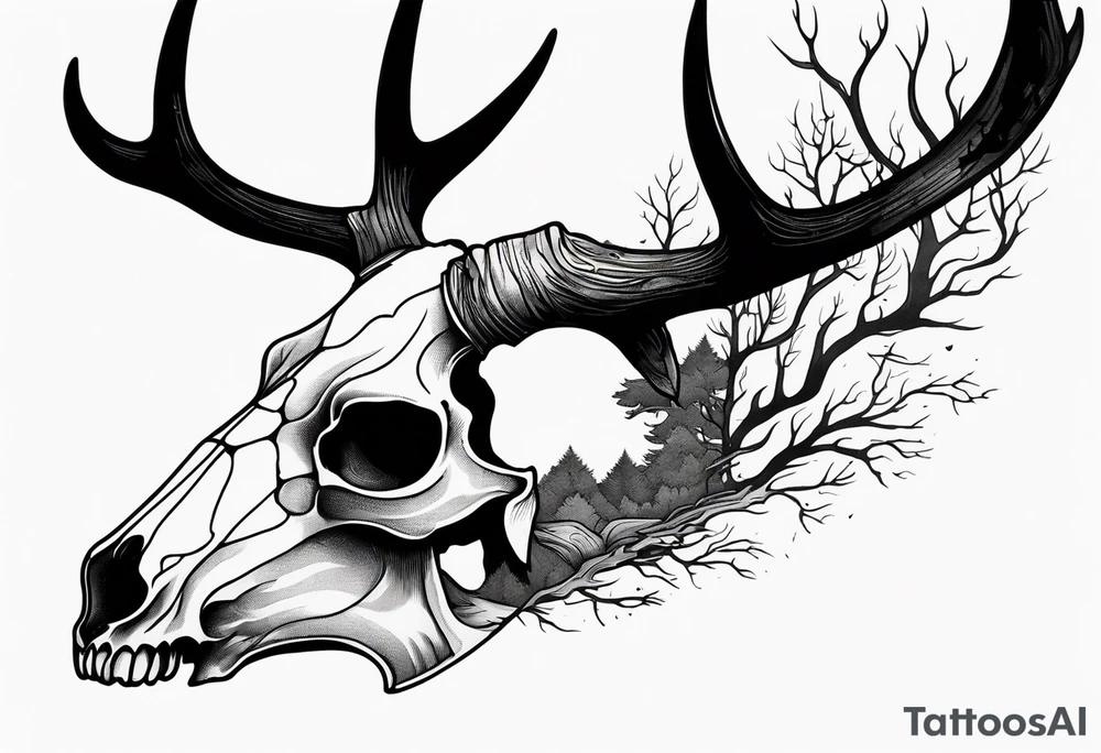 scary side view of a DECAYING deer skull JUST BONE surrounded by a forest fire in background tattoo idea