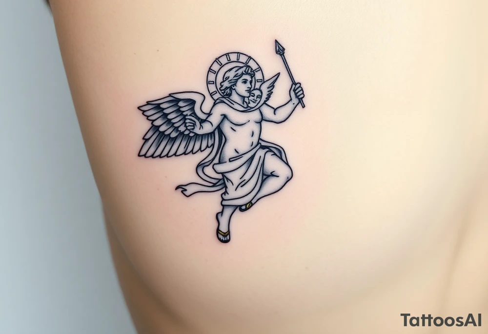 Hermes, Greek god, fine-line black & grey tattoo, flying with winged sandals, holding caduceus. Two faces representing Gemini subtly in cloak or halo. Drama masks (comedy & tragedy) integrated subtly. Greek motifs like olive branches, geometric patterns, subtle architecture as background. Elegant, symbolic, harmonious, detailed line art for forearm or upper arm tattoo. tattoo idea