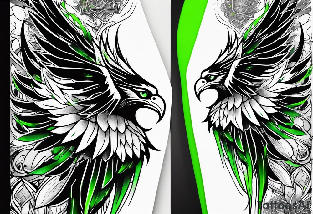 Forearm wing tattoo with streaks of neon green lightning going through/around it tattoo idea