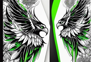 Forearm wing tattoo with streaks of neon green lightning going through/around it tattoo idea