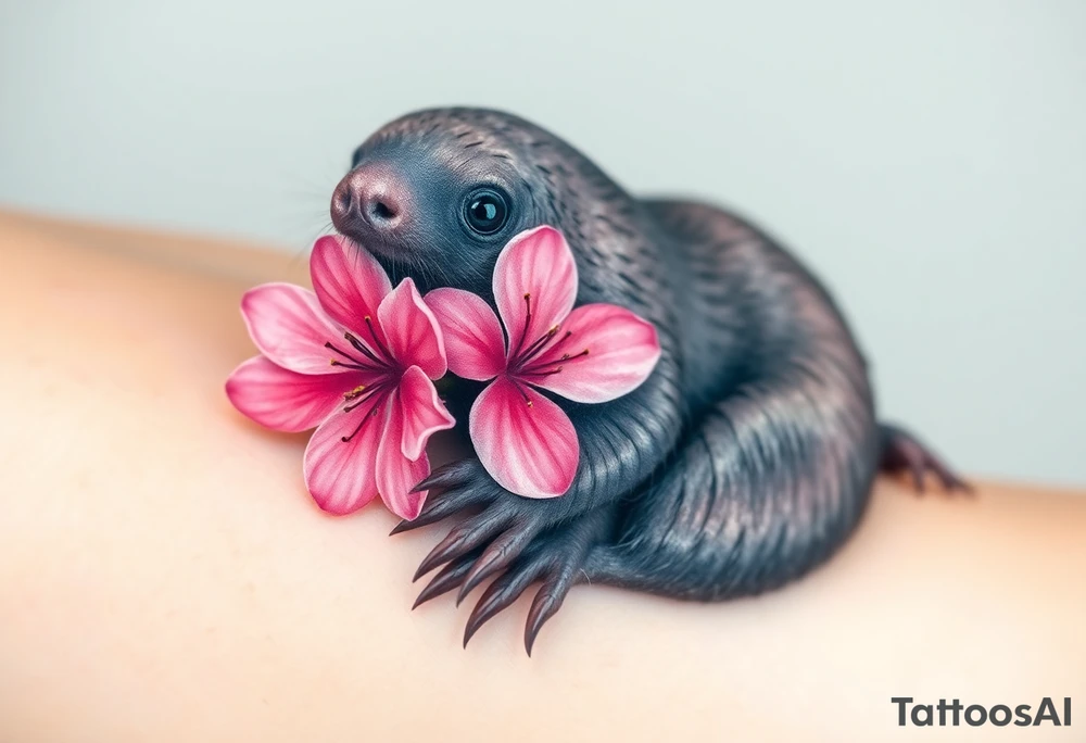 mole holding a delicate pink cherry blossom, with gentle pastel tones and a dreamy aesthetic tattoo idea