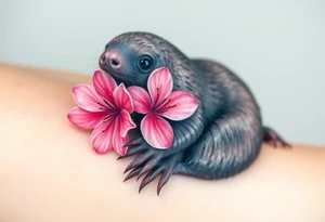 mole holding a delicate pink cherry blossom, with gentle pastel tones and a dreamy aesthetic tattoo idea