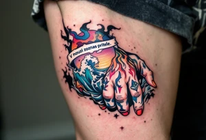„V nouzi poznas pritele.“ — Two hands grasping in stormy seas, one tattooed with the quote in navy ink across the wrist. tattoo idea