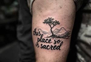 Hand written writing that says this place is sacred. There is also small breadfruit tree in the iao valley in maui tattoo idea