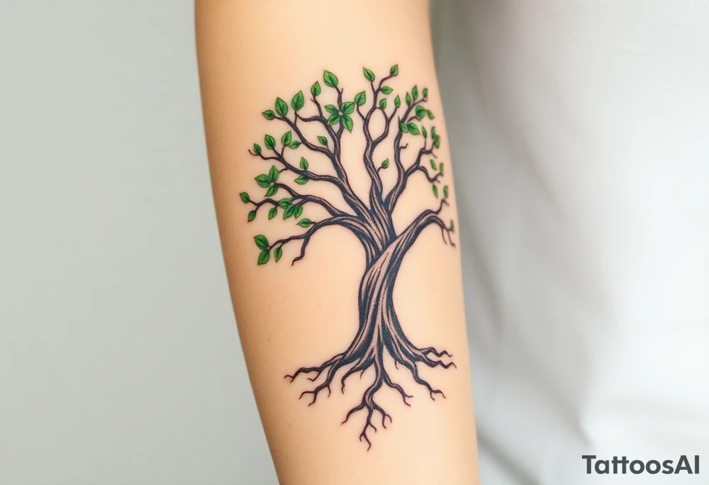 Tree of life. 
Start at your elbow: the trunk begins there—thick, about half an inch wide at the base, bark textured with short, vertical lines so it looks real. It climbs straight up your outer bicep, narrowing just a touch as it goes.
Halfway up—right where your arm bends—two main branches split off. One curves forward toward your shoulder, thinning out into three delicate fingers, each ending in a tiny leaf. The other swings back toward your tricep, shorter, just two leaves—like it’s reaching but not grabbing.
Above that? Nothing. Just your skin, open sky. No birds, no cross—just breathing room.
Now the roots: from the elbow, they fork down like veins. One thick root spirals clockwise around the inside of your forearm—starts fat, then thins—curls twice before disappearing under your wrist. The second root heads straight down the middle, splitting into three smaller ones that fan out like fingers.
Here’s where the words live:
•  “Christ” sits dead center on the thickest root—tall, blocky letters, maybe an old English feel, like carved wood.
•  “Faith” wraps the clockwise root, right where it curves—script font, slanted, flowing like a ribbon.
•  “Strength” on the straight-down root, bold and angular—almost like it’s punched into the bark.
•  “Integrity” on the first little split-off, smaller, tight—sharp edges.
•  “Loyalty” on the second split, looped and soft—like a vow.
•  “Respect” curls under “Loyalty,” half-hidden unless you twist your arm.
•  “Honesty” on the third split, straight and clean.
•  “Family” weaves between two roots—like it’s holding them together.
•  “Honor” sits lowest, near your wrist—grounded, solid.
•  “Help Meet” rides the outer edge of the clockwise root—tiny, intimate, almost whispered.
All black ink. No outlines—just fine lines and shading. Trunk gets a little cross-hatch for depth. Roots get shadow underneath so they look like they’re sinking into your skin. Words? Crisp, but not perfect—like they grew there.
When you flex, the roots shift, the words breathe. When you rest, they settle—like they’re waiting for you to remember them. tattoo idea