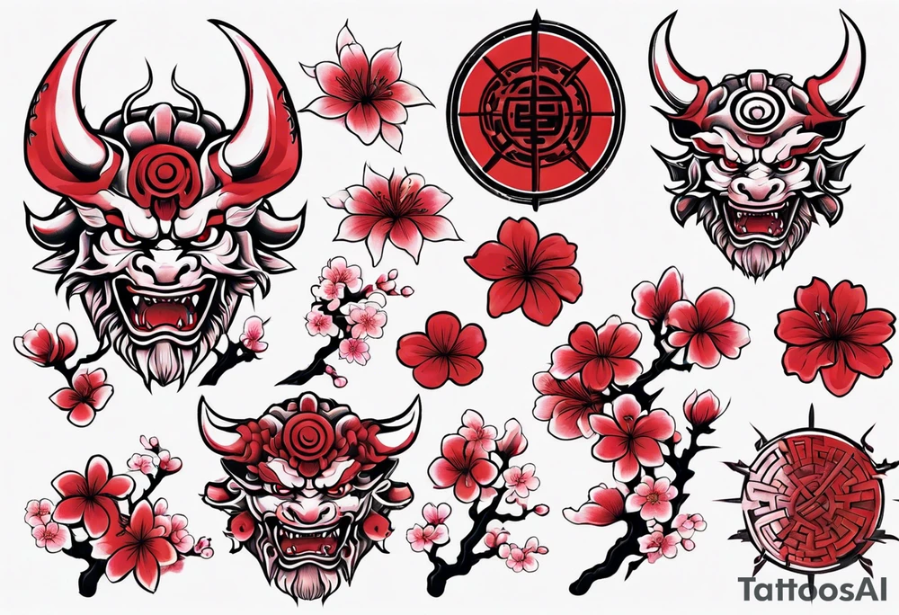 Cherry blossom red sun oni tattoo idea