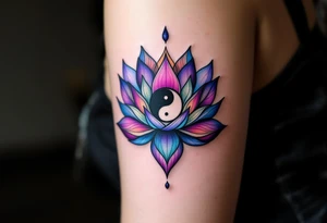 A detailed lotus flower with a yin-yang center intertwined, shaded in vibrant purples and blues, representing spiritual rebirth and karma’s endless cycle. tattoo idea