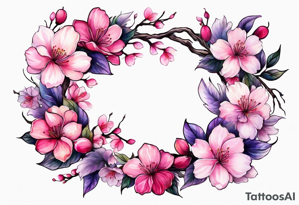 Flower wreath cherry blossoms pinks and purples tattoo idea