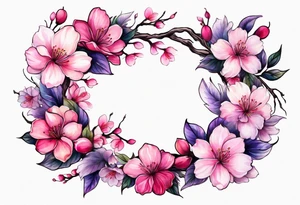 Flower wreath cherry blossoms pinks and purples tattoo idea