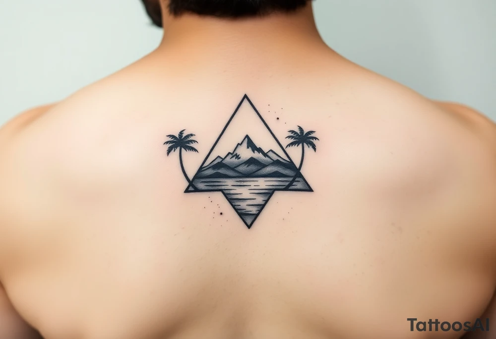 A single triangle with a heart in the center with mountains, ocean with palm trees in background tattoo idea