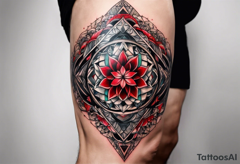 Dillon Forte Knee tattoo with tints of red and sacred geometry tattoo idea