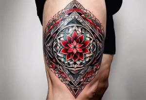 Dillon Forte Knee tattoo with tints of red and sacred geometry tattoo idea