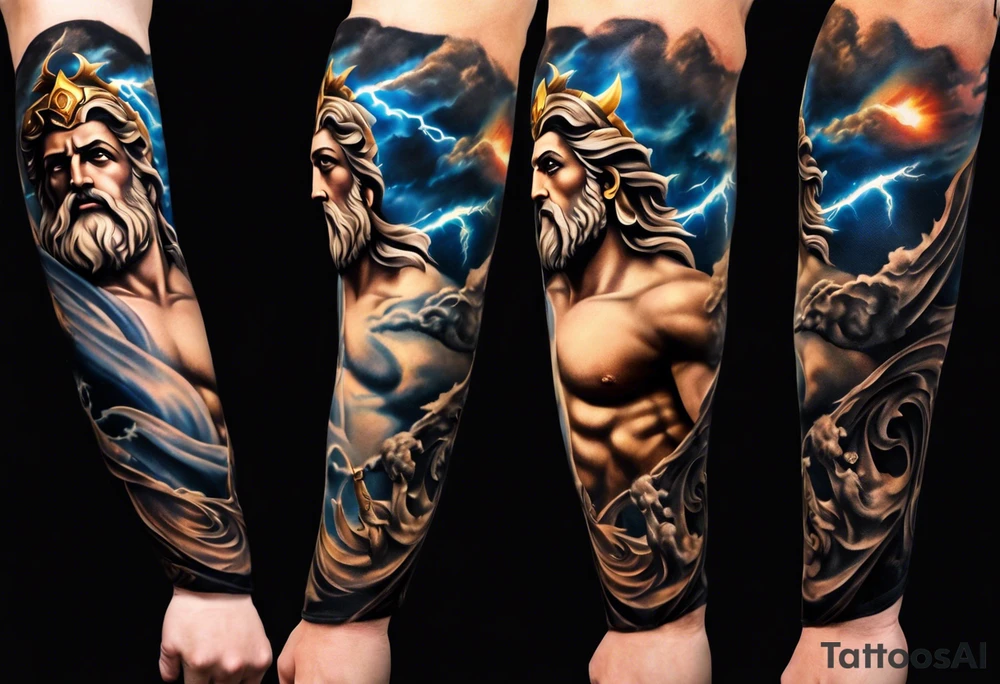 Full left arm tattoo sleeve with the Greek gods, Zeus, Poseidon and Hades. Zeus' face with a lightning bolt coming out of one eye is at the left shoulder, Poseidon's  face with a trident as one of his eyes is at the left upper arm and Hades' face with 
a bident as one of his eyes is at the left forearm. tattoo idea