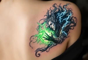 Thor’s epic battle against Hela, green energy clashing with his blue lightning, in a cinematic full-color piece. tattoo idea