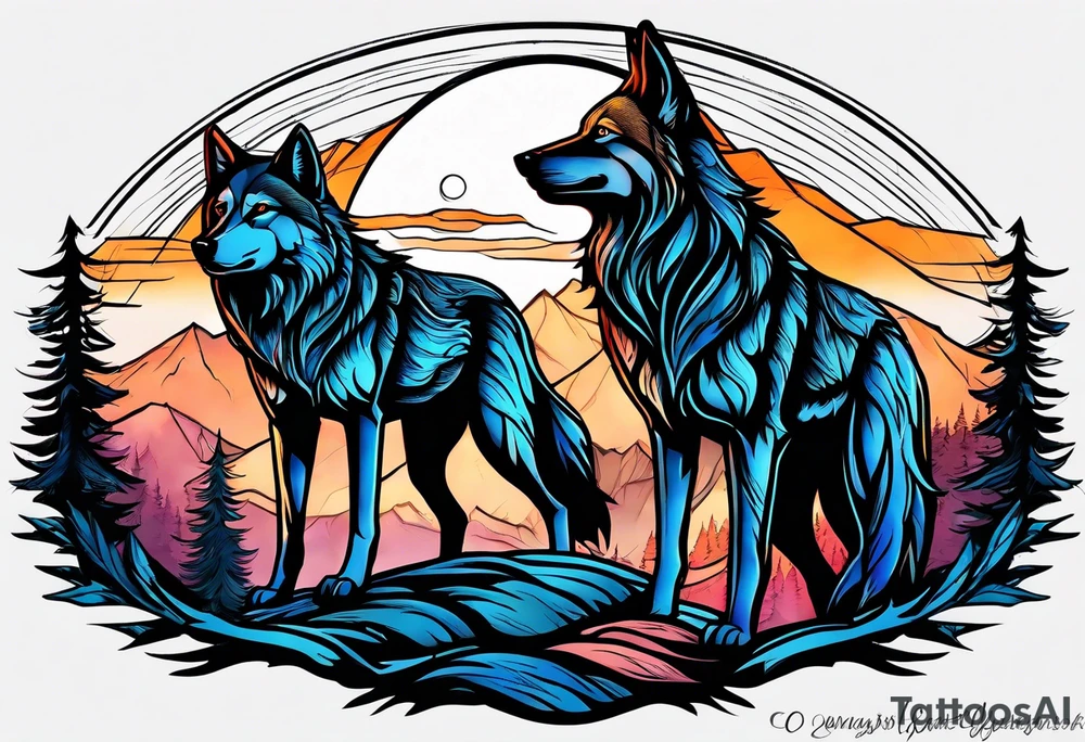 Wolves spouses
Dark woods
Mountains
Sunset tattoo idea