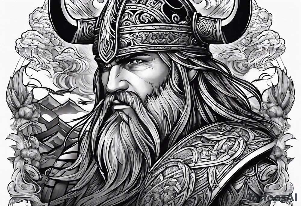 forearm sleeve with vikings and clouds tattoo idea