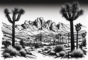 A dessert with joshua trees transitioning to pine trees and mountains tattoo idea