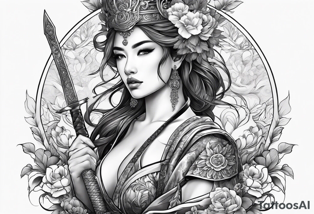 ornate beautiful woman warrior with weapon & floral surrounding tattoo from head to torso tattoo idea