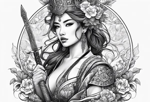 ornate beautiful woman warrior with weapon & floral surrounding tattoo from head to torso tattoo idea