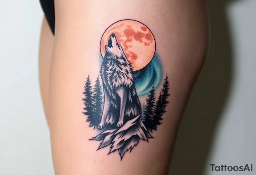 lone wolf howling at full moon with northern lights backdrop tattoo idea