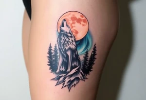 lone wolf howling at full moon with northern lights backdrop tattoo idea