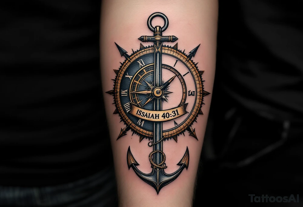 steampunk half compass/clock with a full-length arrow and anchor saying "Isaiah 40:31" tattoo idea