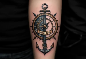 steampunk half compass/clock with a full-length arrow and anchor saying "Isaiah 40:31" tattoo idea