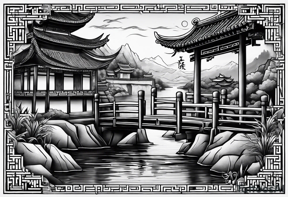 Chinesischer see mit der Mauer im hintergrund und verschiedenen Tieren tattoo idea