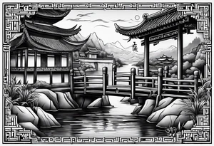 Chinesischer see mit der Mauer im hintergrund und verschiedenen Tieren tattoo idea