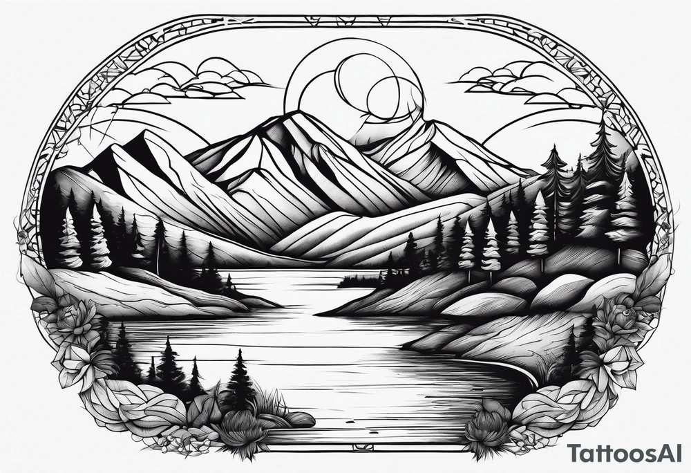 mountains, road, lake, yurt, sun tattoo idea