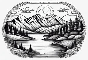 mountains, road, lake, yurt, sun tattoo idea