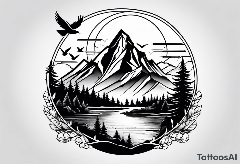 Nature landscape with mountains, birds and forest tattoo idea