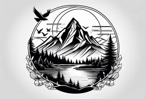 Nature landscape with mountains, birds and forest tattoo idea