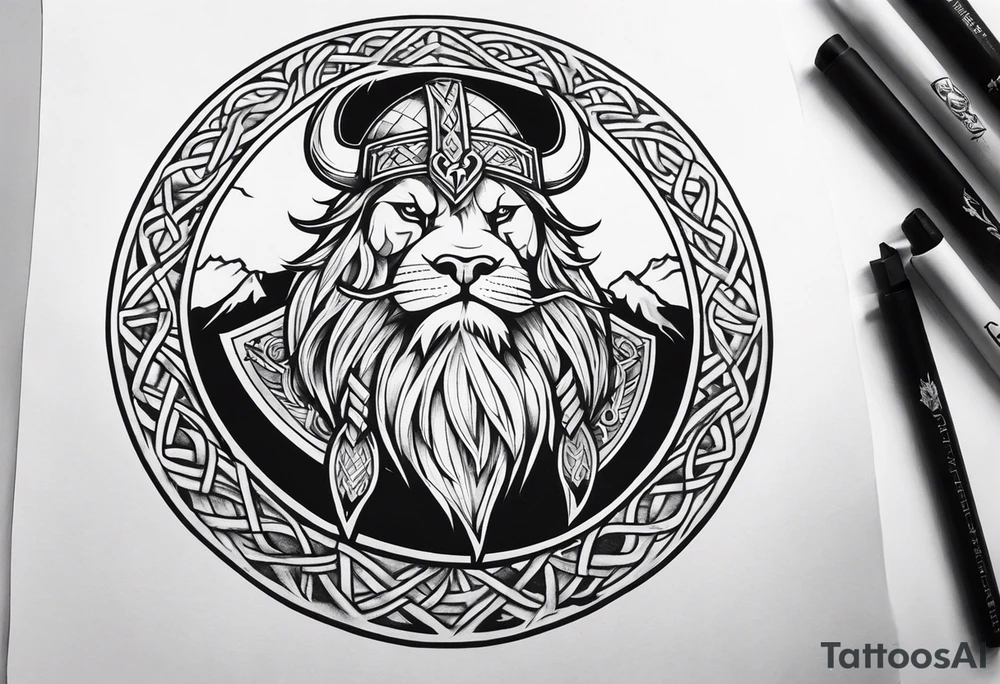 Create sleeve Tattoo of  a viking warrior with a shield and axe and on the shield have a old lion from a coat of arms tattoo idea