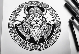 Create sleeve Tattoo of  a viking warrior with a shield and axe and on the shield have a old lion from a coat of arms tattoo idea