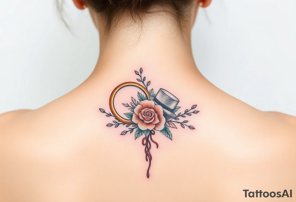 two golden wedding rings with top hat and wedding bouquet tattoo idea