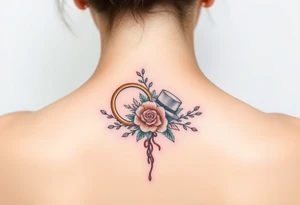 two golden wedding rings with top hat and wedding bouquet tattoo idea